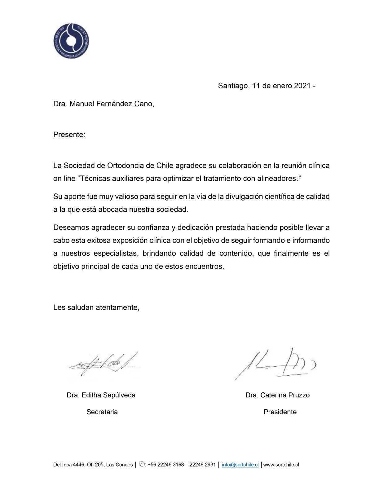 Sociedad de Ortodoncia de Chile · agradecimiento por la ponencia sobre alineadores, 2021